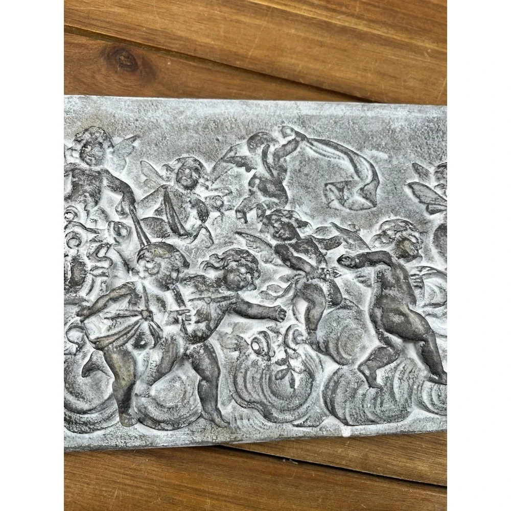 VTG 2000's Bas-Relief Plaque W Cherubs Plaster Wall Decor Grey 14